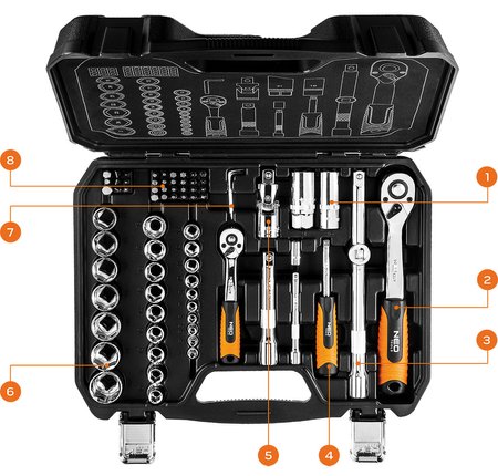 Klucze nasadowe 1/2", 1/4", zestaw 73 szt., CrV
