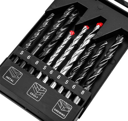 Zestaw wierteł do metalu, drewna, cegły: 5, 6, 8 mm, 9 szt.