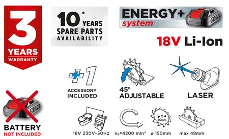 Pilarka tarczowa akumulatorowa Energy+ 18V, Li-Ion, tarcza 150 x 10 mm, bez akumulatora