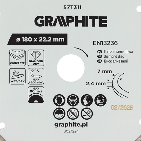 Tarcza diamentowa do cięcia segmentowa, 180 x 22.2 mm, na sucho i mokro