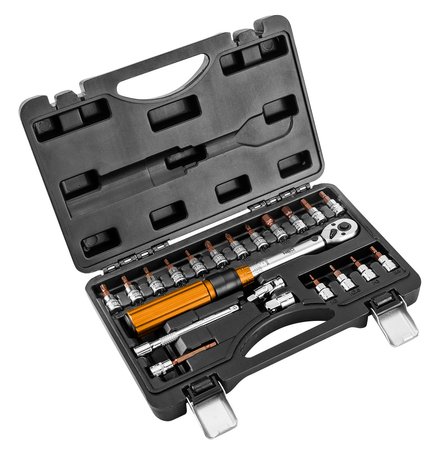 Klucz dynamometryczny dwukierunkowy 1/4", 5-25Nm, zestaw 21 szt.