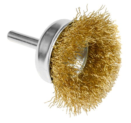 Szczotka druciana doczołowa 50 mm, drut karbowany, mosiądzowany, z trzpieniem 6 mm