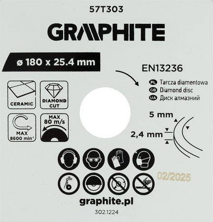 Tarcza diamentowa do cięcia pełna, 180 x 25.4 mm, na mokro