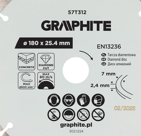 Tarcza diamentowa do cięcia segmentowa, 180 x 25.4 mm, na sucho