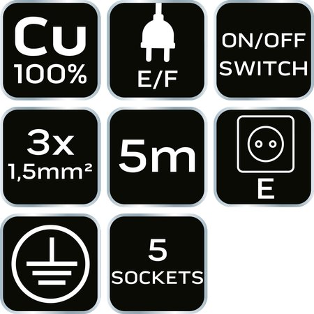 Przedłużacz listwowy 5m, 3x1.5mm2, 5G, biały, ON/OFF