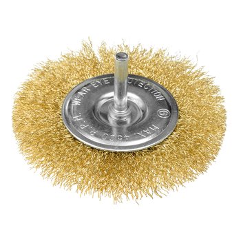 Szczotka druciana tarczowa 100 mm, drut karbowany, mosiądzowany, z trzpieniem 6 mm