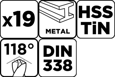 Wiertła do metalu HSS TiN, 1 - 10 mm, zestaw 19 szt.