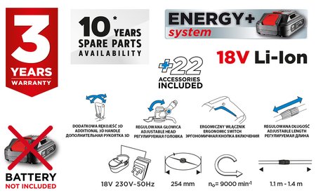 Podkaszarka akumulatorowa Energy+ 18V, Li-Ion, szerokość koszenia 254 mm, bez akumulatora