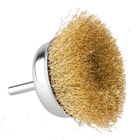 Szczotka druciana doczołowa 75 mm, drut karbowany, mosiądzowany, z trzpieniem 6 mm