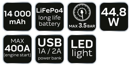 Urządzenie rozruchowe "Jumpstarter", power bank  - 14Ah, kompresor 3.5BAR, latarka