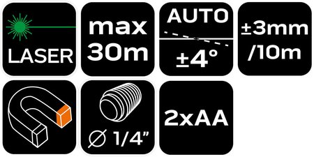Laser krzyżowy 30 m, z etui i uchwytem magnetycznym, zielony