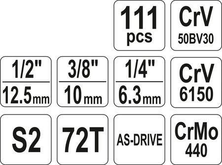 ZESTAW NARZĘDZIOWY 1/4'' 3/8'' 1/2'' 111CZĘŚCI XL