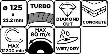 Tarcza diamentowa do cięcia turbo, 125 x 22.22 mm, na sucho i mokro