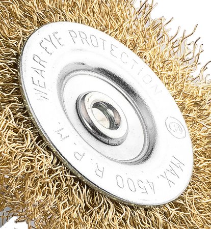 Szczotka druciana tarczowa 80 mm, drut karbowany, mosiądzowany, z trzpieniem 6 mm