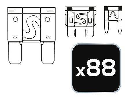 Zestaw bezpieczników samochodowych, pudełko, 88 sztuk, 3 typy