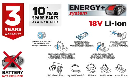Pilarka tarczowa akumulatorowa Energy+ 18V, Li-Ion, tarcza 165 x 20 mm, bez akumulatora