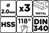 Wiertło do metalu HSS, DIN 340, przedłużane, 2 mm, 3 szt.