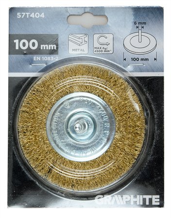 Szczotka druciana tarczowa 100 mm, drut karbowany, mosiądzowany, z trzpieniem 6 mm