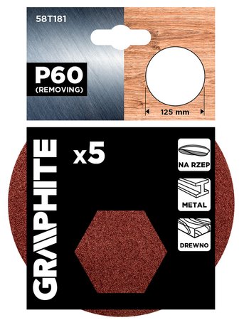 Krążki ścierne na rzep 125 mm, P60, 5 szt., bez otworów