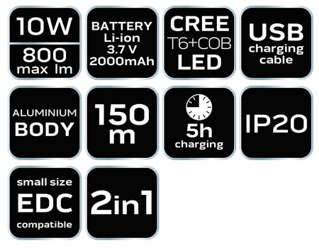 Latarka akumulatorowa USB 800 lm 2 w 1 CREE T6 LED