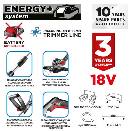 Podkaszarka na żyłkę akumulatorowa Energy+ 18V Li-lon, szerokość koszenia 280mm, bez akumulatora