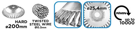 Szczotka druciana do kosy spalinowej 200 x 25,4 mm, twarda, druty splątane