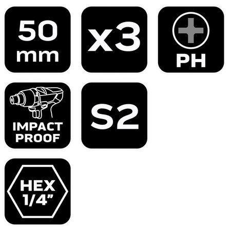 Bity udarowe PH1/2/3 x 50 mm, 3 szt.