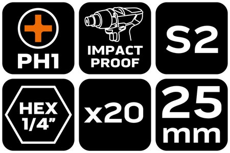 Bity udarowe PH1 x 25 mm, 20 szt.