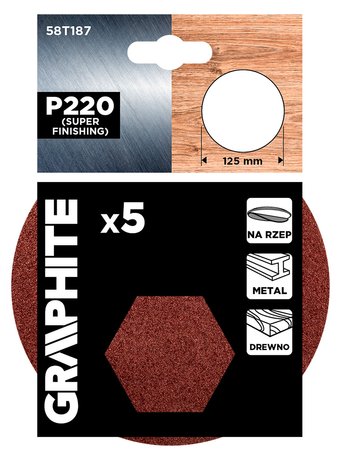 Krążki ścierne na rzep 125 mm, P220, 5 szt., bez otworów