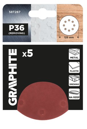 Krążki ścierne na rzep 125 mm, P36, 5 szt., z 8 otworami