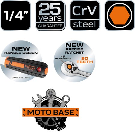 Klucze nasadowe, 1/4”, CrV, zestaw 46 szt.