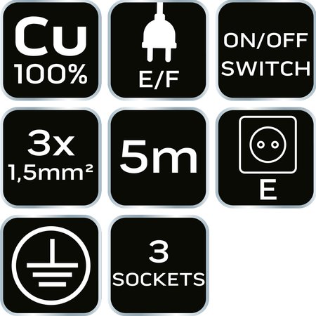 Przedłużacz listwowy 5m, 3x1.5mm2, 3G, biały, ON/OFF