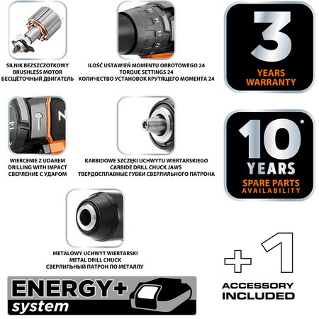 Wiertarko-wkrętarka bezszczotkowa z udarem 100Nm Energy+, bez akumulatora