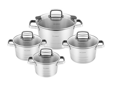 Komplet garnków nierdzewnych Smart 1,5 l i 2 l i 2,5 l 4,5 l + szklanki termiczne  Malachit 250 m + zestaw noży Verio Carf