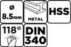 Wiertło do metalu HSS, DIN 340, 8.5 mm