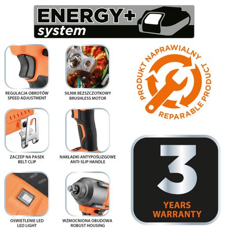 Klucz udarowy bezszczotkowy 18V, 850Nm, ½”, Energy+, bez akumulatora