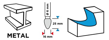 Frez do metalu HM, typ F (ostrołukowy zaokrąglony), 16 x 25 mm, trzpień 6 x 45 mm