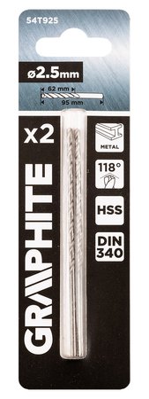 Wiertło do metalu HSS, DIN 340, 2.5 mm, 2 szt.