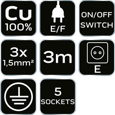 Przedłużacz listwowy 3m, 3x1.5mm2, 5G, biały, ON/OFF