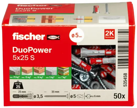 Fischer Kołek Uniwersalny DuoPower 5x25 S z Wkrętem (50 szt.) 535458