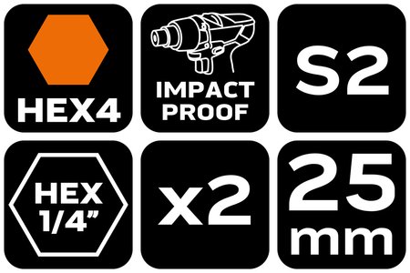 Bity udarowe HEX4 x 25 mm, 2 szt.