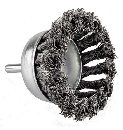 Szczotka druciana doczołowa 75 mm, drut skręcony, stalowy, z trzpieniem 6 mm