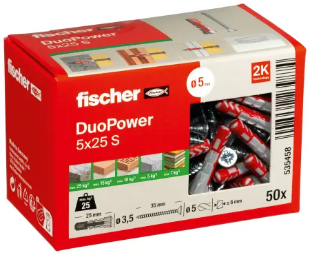 Fischer Kołek Uniwersalny DuoPower 5x25 S z Wkrętem (50 szt.) 535458