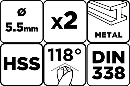 Wiertła do metalu HSS, DIN 338, 5.5 mm, 2 szt.