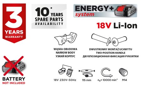 Szlifierka kątowa akumulatorowa Energy+ 18V, Li-Ion, tarcza 115 x 22.2 mm, bez akumulatora
