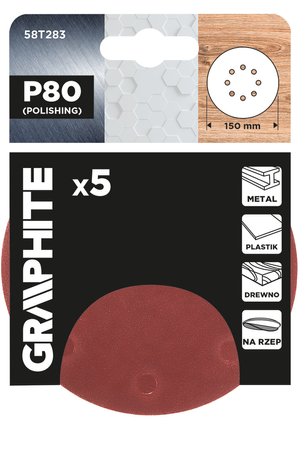 Krążki ścierne na rzep 150 mm, P80, 5 szt., z 8 otworami