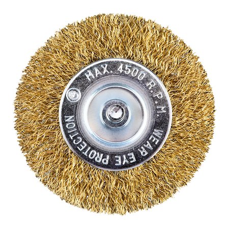 Szczotka druciana tarczowa 80 mm, drut karbowany, mosiądzowany, z trzpieniem 6 mm