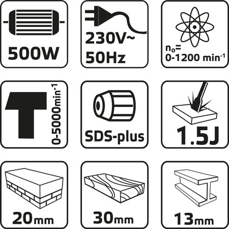 Młotowiertarka SDS + 500W, 1,5 J.