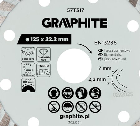 Tarcza diamentowa do cięcia turbo, 125 x 22.22 mm, na sucho