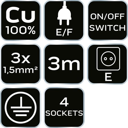 Przedłużacz listwowy 3m, 3x1.5mm2, 4G, czarny, ON/OFF